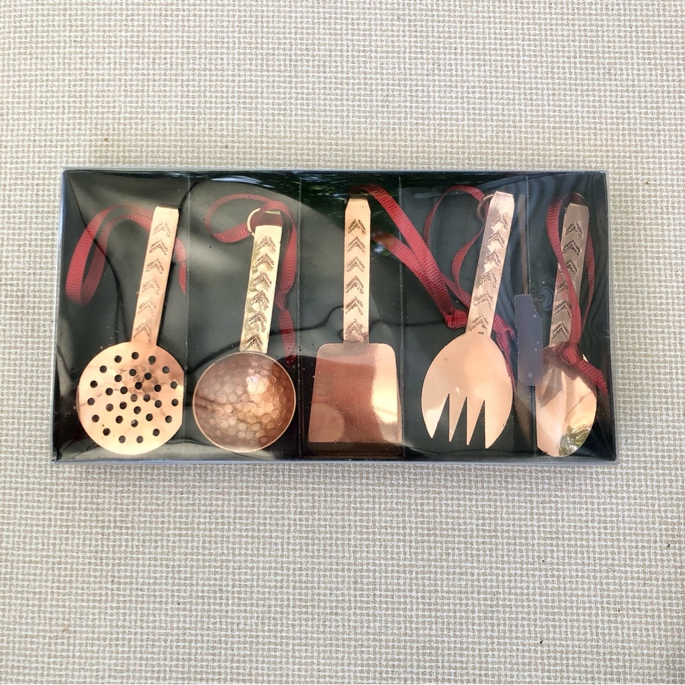 5 Copper Mini Christmas ornament Utensil Set with Red Ribbons 4 inches